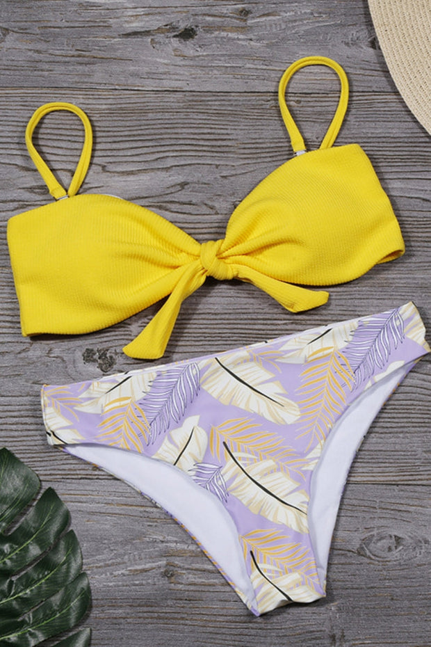 Spaghetti Strap Knot Design Yellow Two Pieces Swimsuit