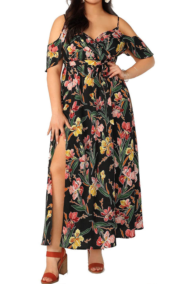 Women Plus Size Cold Shoulder Floral Maxi Bohemian Split Dress