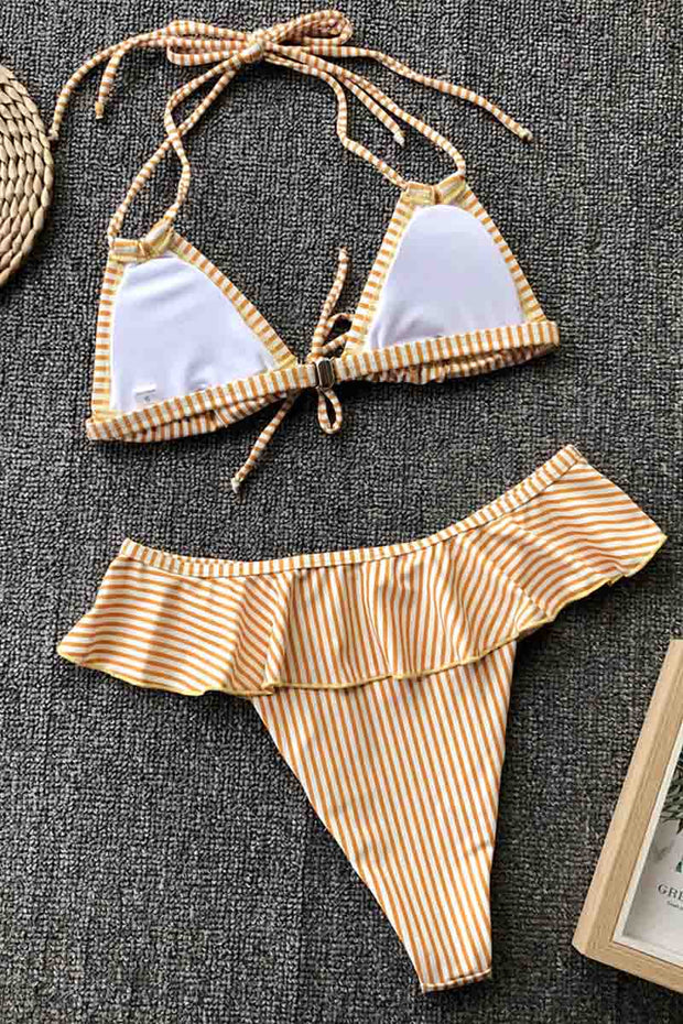 Spaghetti Strap Flounce Design Striped Two Pieces Swimsuit