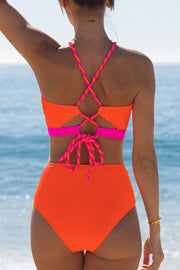 Color Block Cross Straps Spandex Sxy Bikini Set