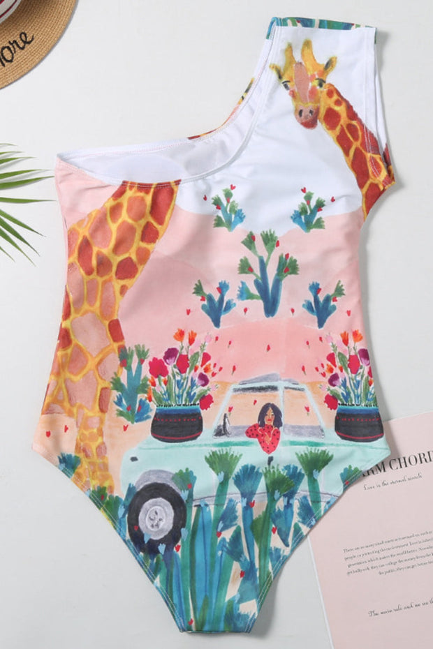 Einteiliger Badeanzug mit One-Shoulder-Giraffe-Print