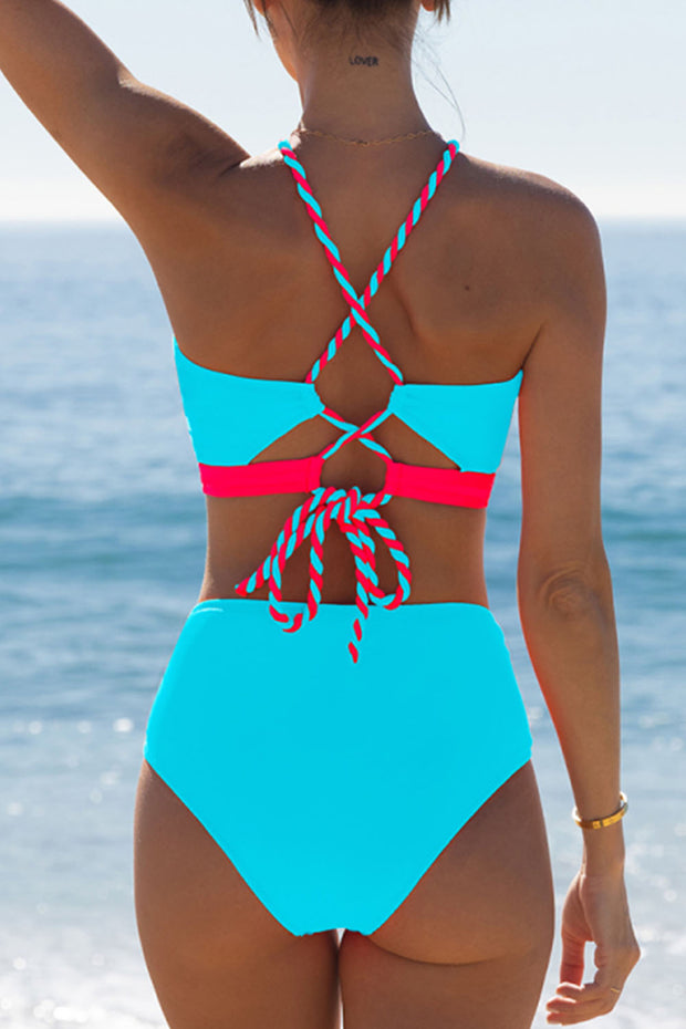 Color Block Cross Straps Spandex Sxy Bikini Set