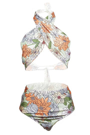 High Waist Floral Halter Wrap Two Pieces Swimsuit