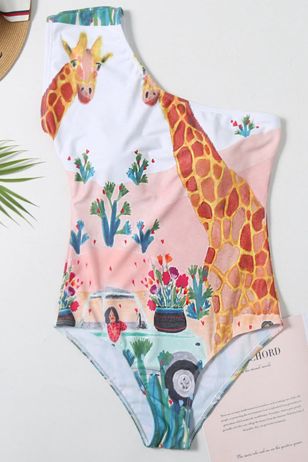 Einteiliger Badeanzug mit One-Shoulder-Giraffe-Print