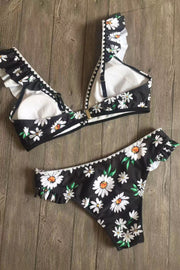 Flounce Design V Neck Floral Print Two Pieces Swimsuit