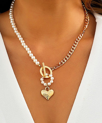 Imitation Pearl & Goldtone Heart Pendant Necklace