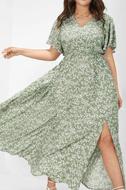 Flutter Sleeve Ditsy Floral Pocket Split Maxi Dress