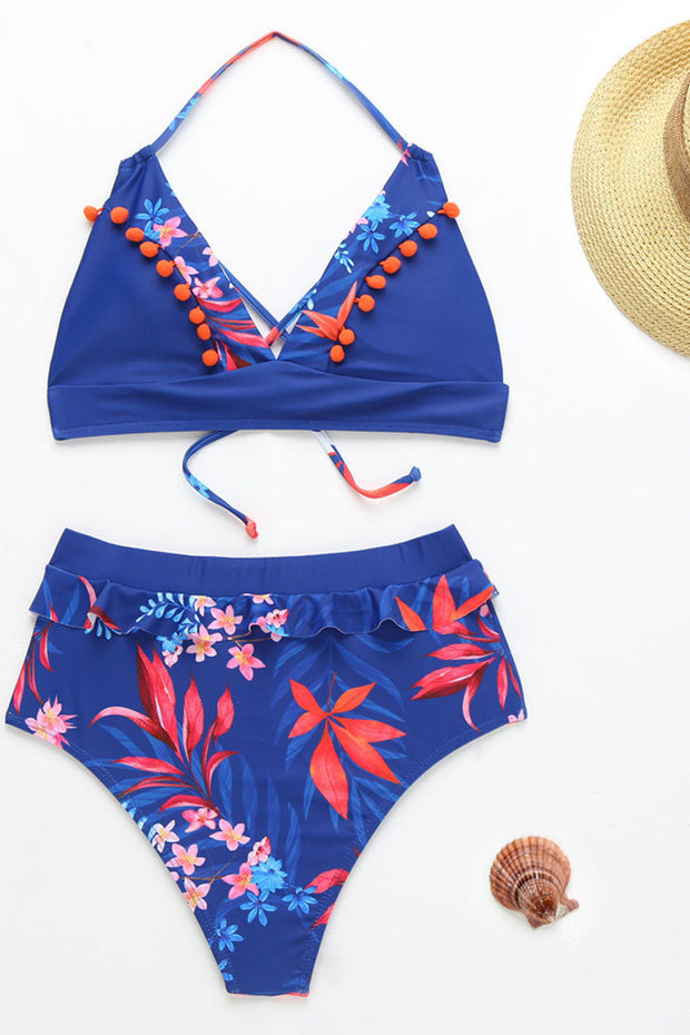 Floral Printed Blue Two Pieces Swimsuit