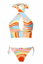 Colorful Striped Cutout Strap Halter Two Piece Swimsuit