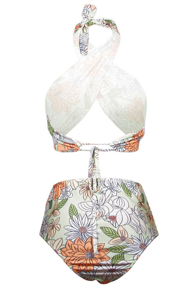 High Waist Floral Halter Wrap Two Pieces Swimsuit