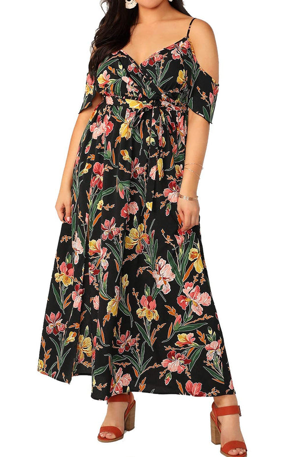 Women Plus Size Cold Shoulder Floral Maxi Bohemian Split Dress