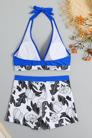 Plant Print V Neck High Waist Swimsuit