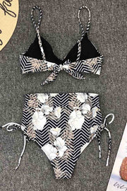 Striped Floral Print Two pieces Black Swimsuit