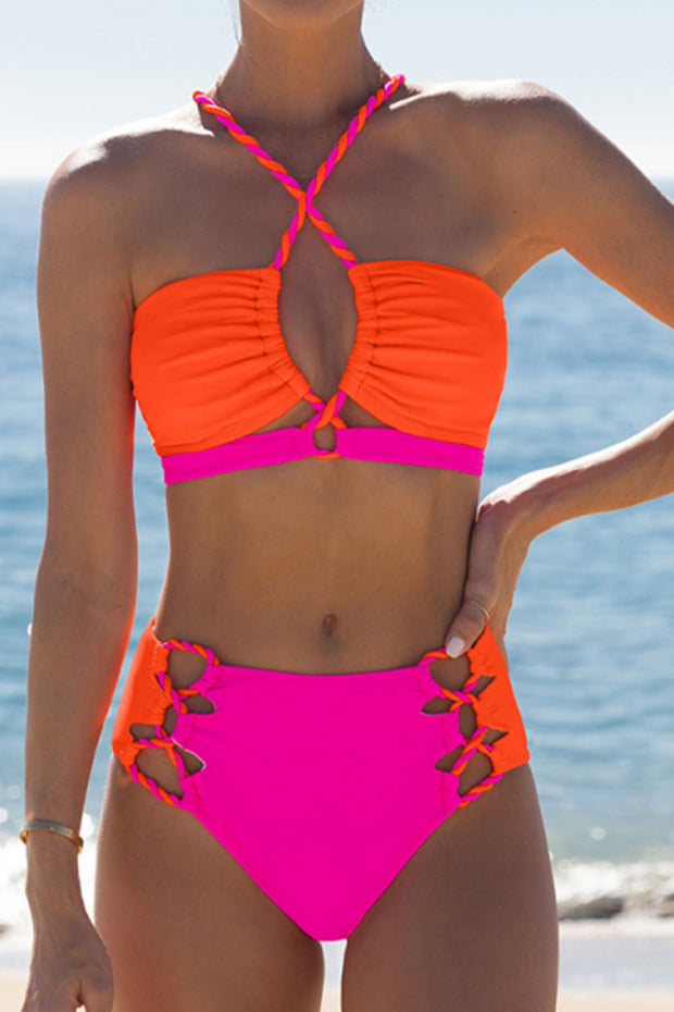 Color Block Cross Straps Spandex Sxy Bikini Set