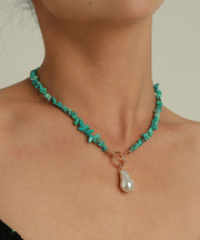 Imitation Turquoise & Imitation Pearl Goldtone Toggle Necklace