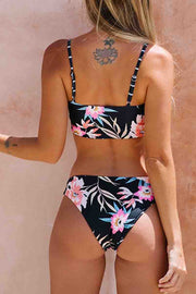 Floral Printed Black Two Pieces Swimsuit