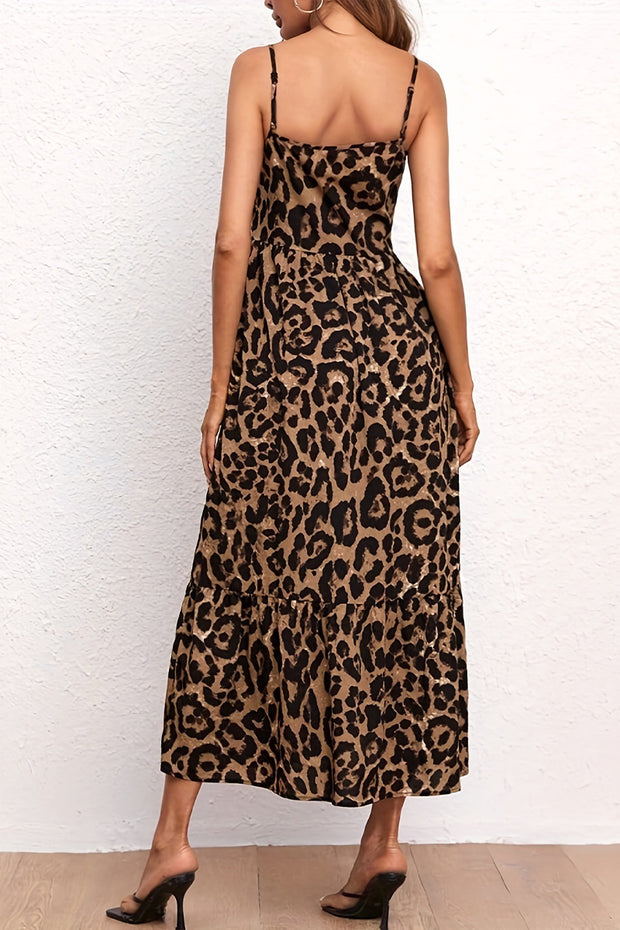 Summer Leopard Printed Sleeveless V-neck Maxi Dress