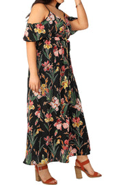 Women Plus Size Cold Shoulder Floral Maxi Bohemian Split Dress