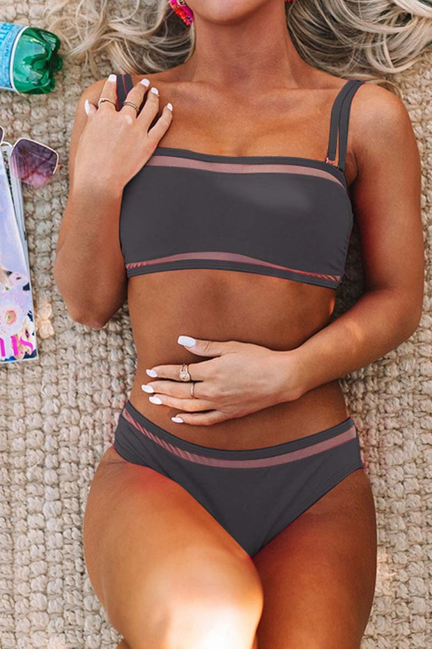 Solid Color Mesh Two Piece Swimsuit