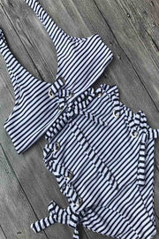 Knot Design Hollow-out Black Striped Two Pieces Swimsuit