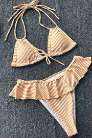 Spaghetti Strap Flounce Design Striped Two Pieces Swimsuit