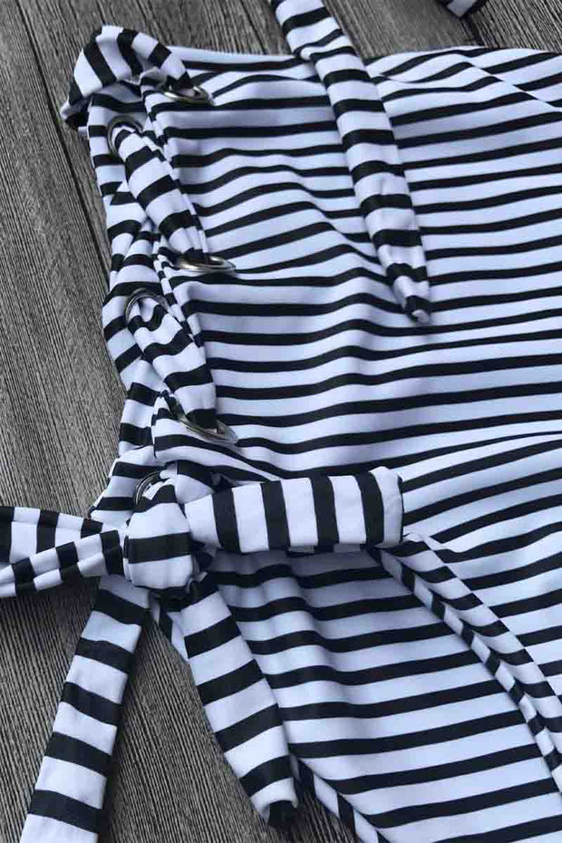 Knot Design Hollow-out Black Striped Two Pieces Swimsuit