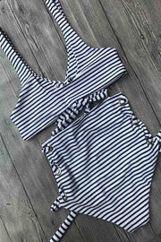 Knot Design Hollow-out Black Striped Two Pieces Swimsuit