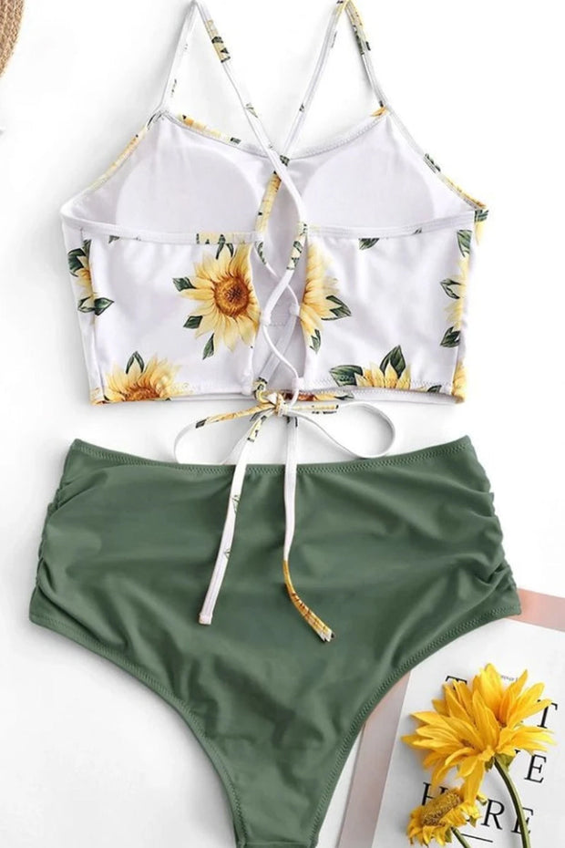 Halter Floral Print Army Green Two pieces Swimsuit