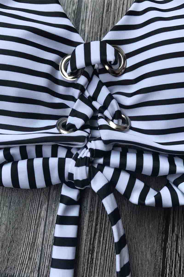 Knot Design Hollow-out Black Striped Two Pieces Swimsuit