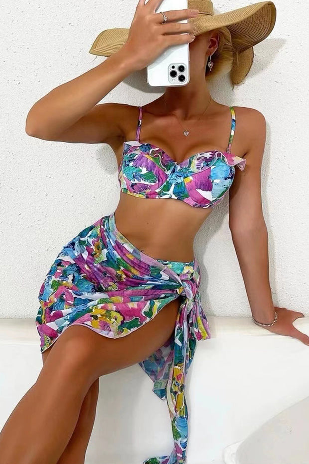 3Pcs Floral Print Ruffled Swimsuit