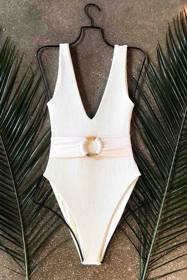 Belt Design White One-piece Swimsuit