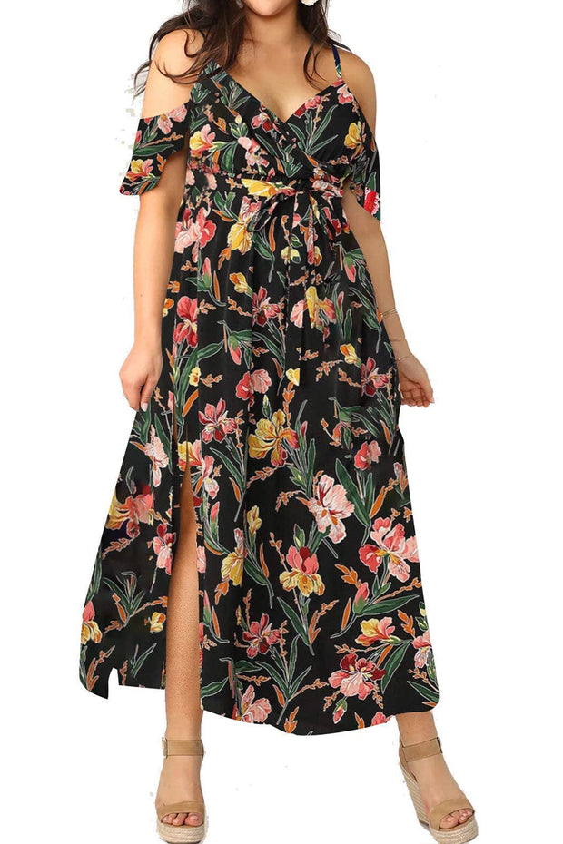 Women Plus Size Cold Shoulder Floral Maxi Bohemian Split Dress