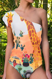 Einteiliger Badeanzug mit One-Shoulder-Giraffe-Print