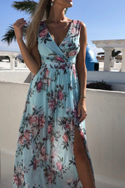 Summer Floral Printed Sleeveless V-neck Maxi Dress