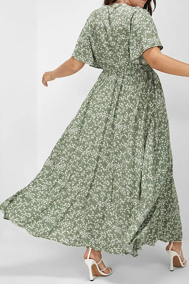 Flutter Sleeve Ditsy Floral Pocket Split Maxi Dress