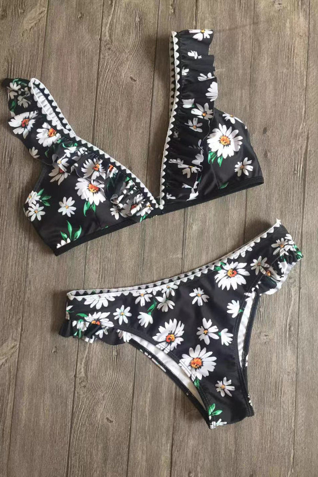 Flounce Design V Neck Floral Print Two Pieces Swimsuit