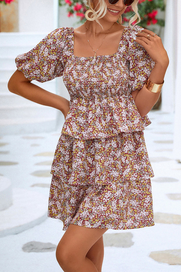 Floral Printed Bubble Sleeve Ruffle Mini Dress