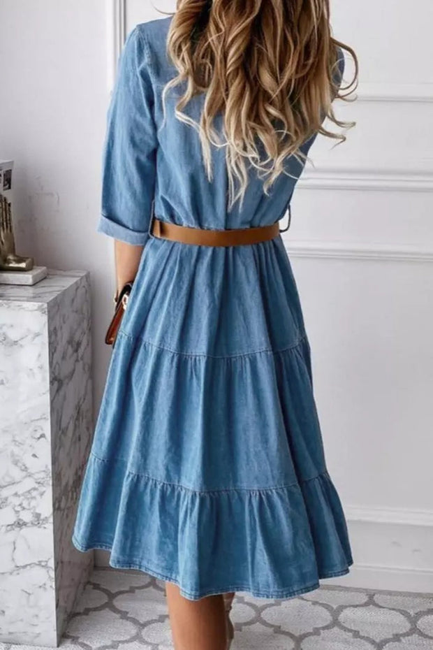 Ruffled Denim Button Midi Dress