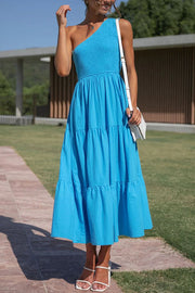 Simply Charmed Pocketed Smocked One Shoulder Tiered Midi Dress