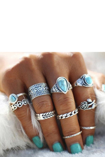 Vintage Totem Flower Turquoise 10-piece Joint Combination Ring