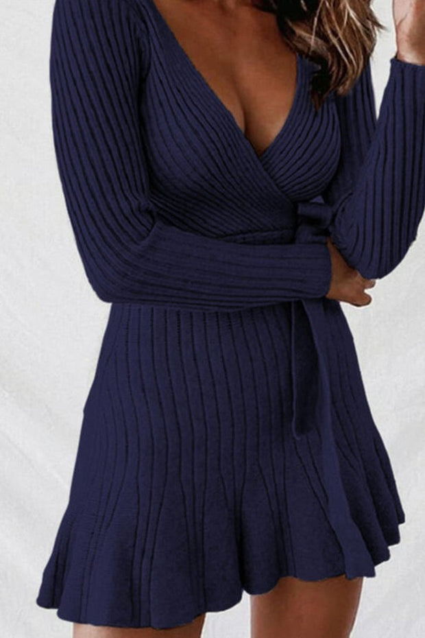 Solid Ribbed V-Neck Casual Long Sweater Dress(2 Colors)