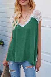 V Neck Lace Patchwork Green T-shirt(2 Colors)