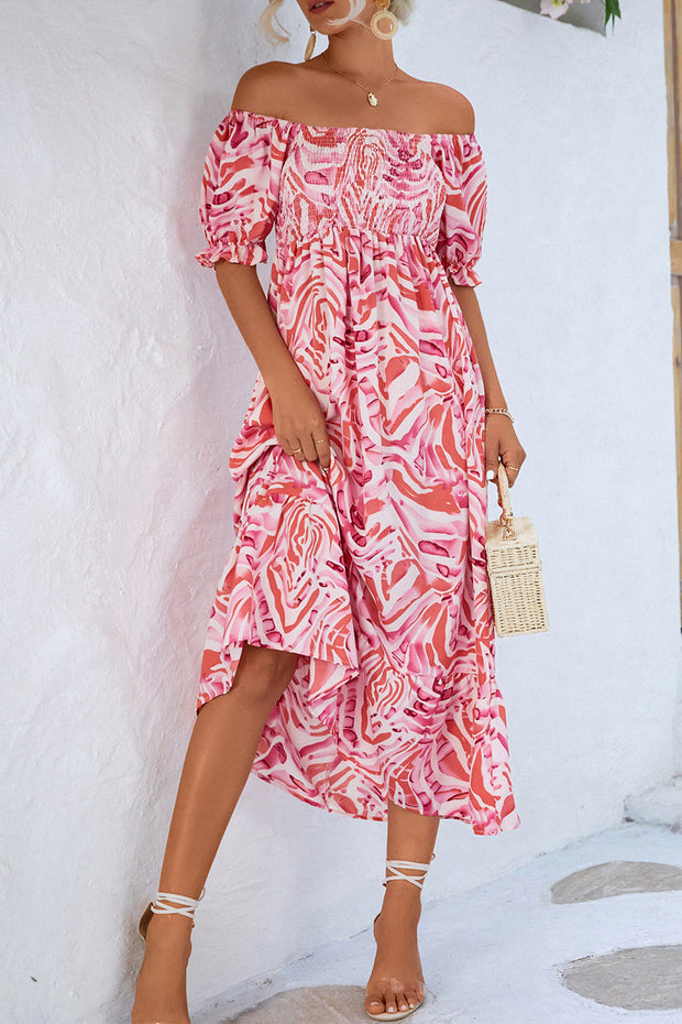 Smocked Off Shoulder Slit Floral Dress