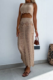 Crochet Hollow Out Scoop Neck Top Slit Skirt Cover Up Set