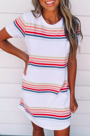 Basic O Neck Striped White Mini Dress