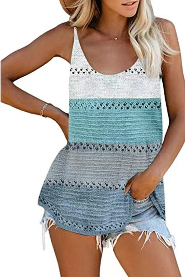 V  Neck Sleeveless  Hollow Out Color Stripes Knit Vest（2 Colors）