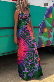 Tie-dye Print Back Lace-up Stretch Maxi Dress