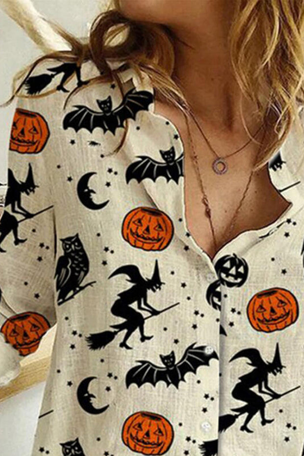 Print Lapel Long Sleeves Button Up Casual Halloween Shirt Blouses