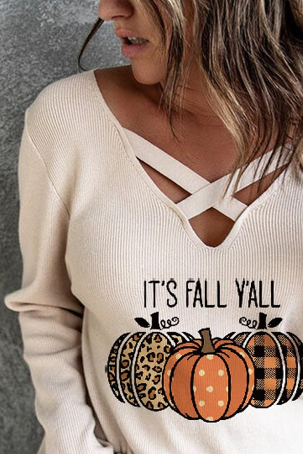 Women's Pullovers Pumpkin Print Criss Cross Pullover