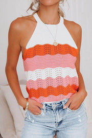 O Neck Sleeveless Hollow Out Color Stripes Knit Vest